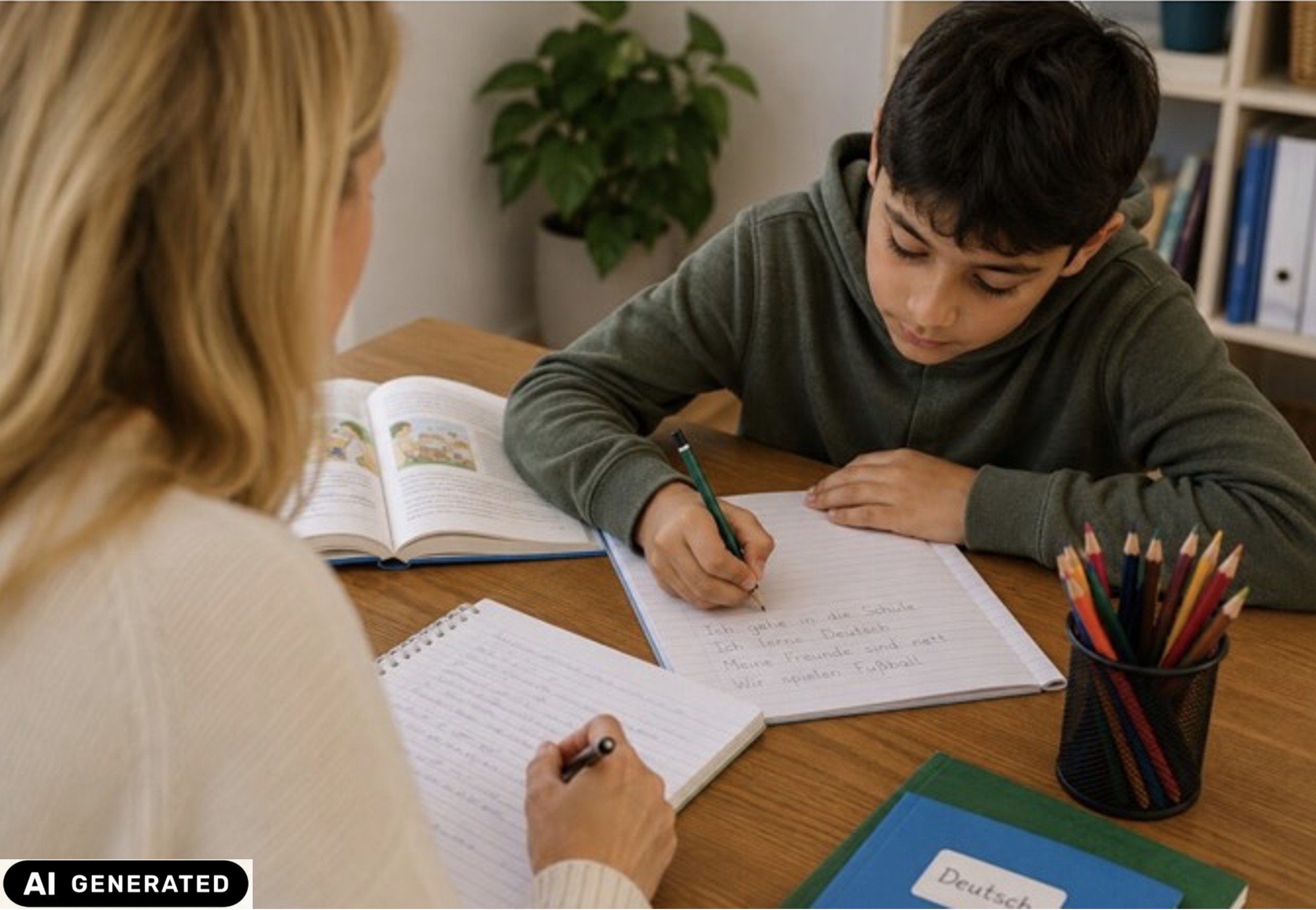 Junge sitzt mir am Tisch und übt Deutsch, das Bild ist KI generiert von die Lernhilfe