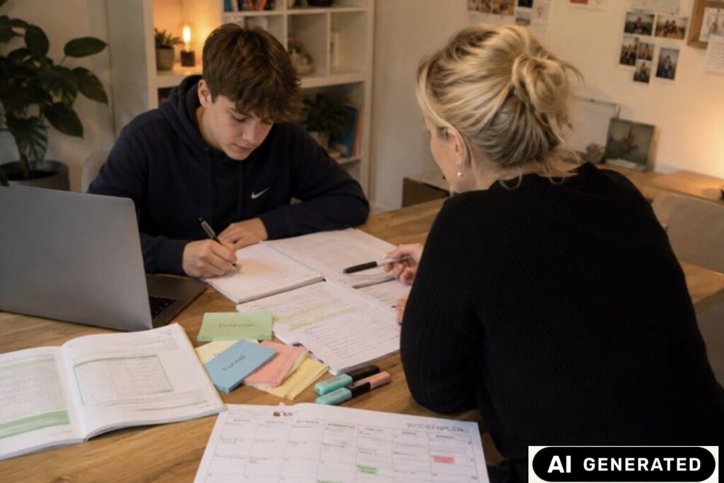 Lerncoaching & Prüfungsvorbereitung Junge sitzt am Holztisch und lernt