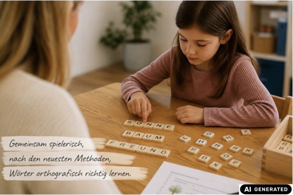 Legasthenie & Dyskalkulie Mädchen sitzt am Holztisch und lernt mit mir, KI generiert