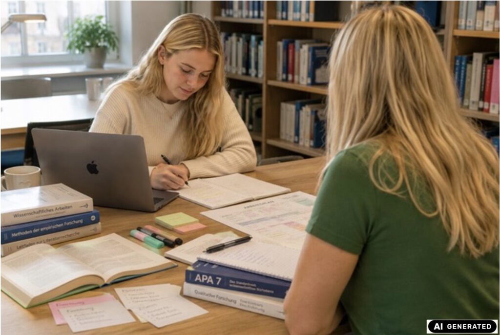Lerncoaching & Prüfungsvorbereitung Studentin sitzt am Tisch in Bibliothek